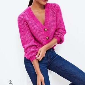 LOFT Fuchsia Chunky Button-Up Cardigan Pointelle V-Neck Sweater